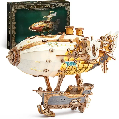 Miniatura 8 de FUNPOLA Rompecabezas de Madera LED 3D Modelo de Dirigible de Fantasía - Kit de Manualidades Steampunk DIY con Luces LED - Conjunto de Construcción