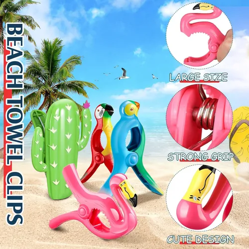 Miniatura 3 de Sieral 8 clips para toallas de playa, pinzas para sillas de playa, loro flamenco, soportes para toallas de alta resistencia, alfileres de ropa