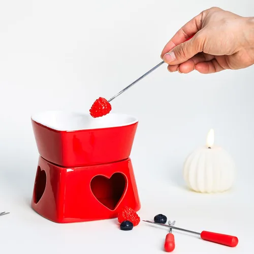 Miniatura 6 de Sizikato Juego de fondue de chocolate de porcelana roja en forma de corazón, 10 onzas