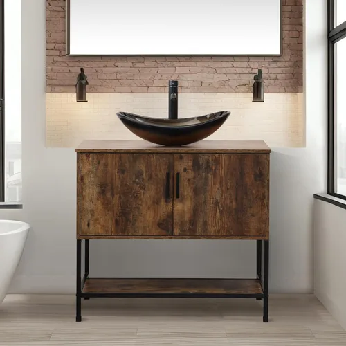 Miniatura 12 de UEV Tocador de Baño de Roble Rústico de 24" con Lavabo, Conjunto de Gabinete de Baño con Marco de Hierro Industrial con Puertas y Estante, con Combo