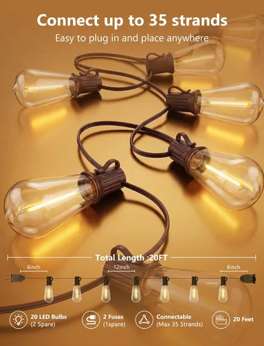 Miniatura 2 de Guirnalda de luces LED ST40 de 20 pies, luces vintage Edison para patio con 22 bombillas inastillables, luces colgantes impermeables para Marrón