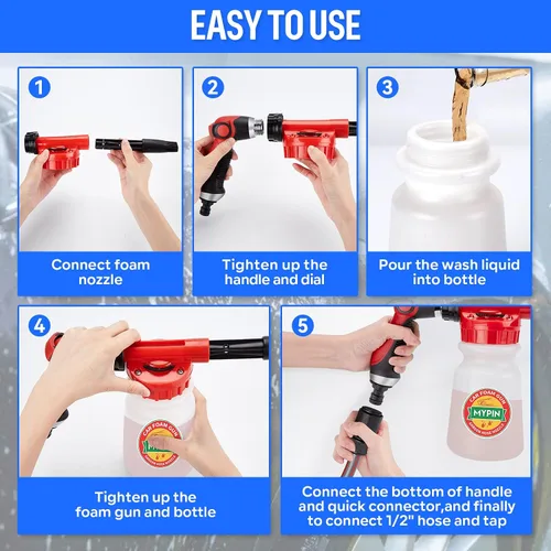 Miniatura 6 de Pistola de espuma para lavado de autos/aspersor de manguera, cañón 16 EN 1, ajustable con selector de proporción de espuma de 2.5-6, botella de 1L