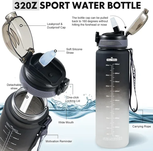 Miniatura 3 de Botella de agua deportiva con popote, botellas de agua de 32 onzas con marcador de tiempo para niños y niñas, botella de agua simple y moderna