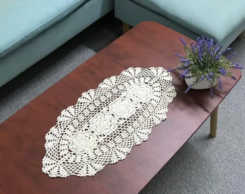 Miniatura 2 de Hetao Mantel oblongo, 100% algodón, hecho a mano, 12 x 27 pulgadas, color beige