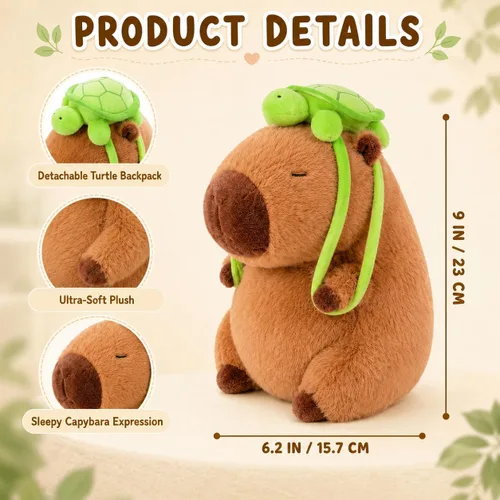 Miniatura 2 de Capybara - Peluche con mochila de tortuga desmontable, almohada Kawaii Capibaras Peluches de 9 pulgadas, animal de peluche suave para adolescentes
