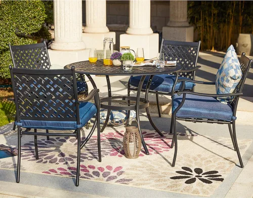 Miniatura 7 de Lokatse Home. Juego de 4 sillas para comedor de hierro forjado para exteriores, con brazos y cojines de asiento. Negro