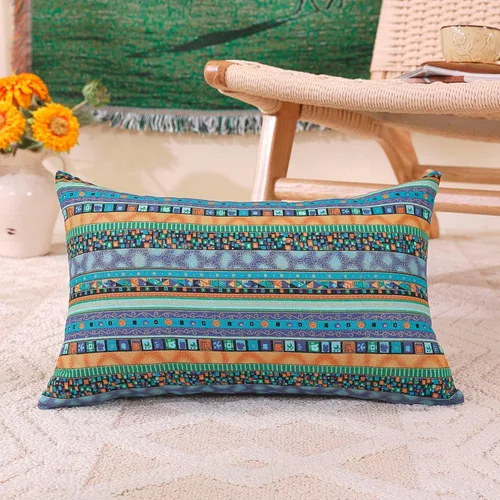 Miniatura 7 de TAOSON Funda de almohada de lino de mezcla de algodón antiguo con rayas verdes, estilo bohemio, funda de almohada con cierre de cremallera oculta