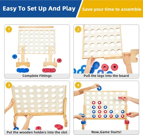 Miniatura 4 de Juego gigante de madera 4 en fila de 2.8 pies, juego de mesa gigante para interiores y exteriores para adolescentes, incluye 42 fichas y bolsa