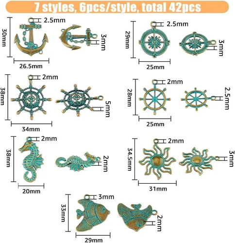 Miniatura 2 de SUPERFINDINGS Colgantes de aleación con temática oceánica, 42 piezas, 7 estilos, pátina verde, caballito de mar, brújula, colgante, colgante de pez