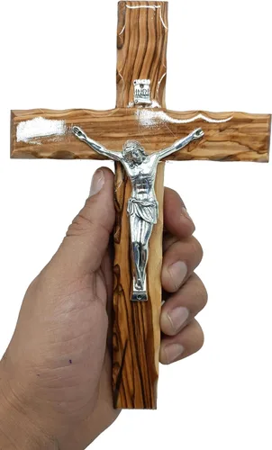 Miniatura 2 de Zuluf Cruz latina de madera de olivo de 7.8 "con crucifijo chapado en plata, regalo de pared cristiana de Belén Tierra Santa CRS064