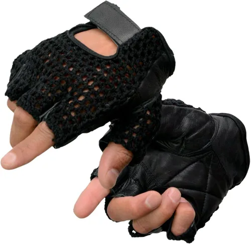 Milwaukee Leather SH219 - Guantes de mano para motocicleta sin dedos acolchados de gel de cuero negro con material de malla transpirable para hombre