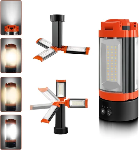 Luz de campamento recargable con diseño de gancho e imán, luz de trabajo inalámbrica de 9000 mAh con 3 cabezales de lámpara LED, 2200 lúmenes,