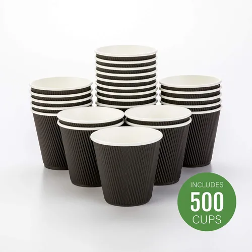 Miniatura 2 de Restaurantware Vasos de café desechables de doble pared de 8 onzas, 500 vasos de papel negro aislados con diseño de pared ondulada, las tapas se