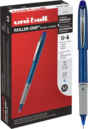 Uniball Roller Grip - Bolígrafos de 12 unidades, agarre extra grande, bolígrafos azules de punta mediana de 0.028 in, bolígrafos japoneses de