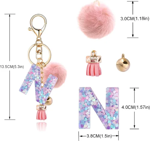 Miniatura 2 de Llavero de resina con letra inicial del alfabeto para mujer, bolso de mano, con pompón de bola de piel