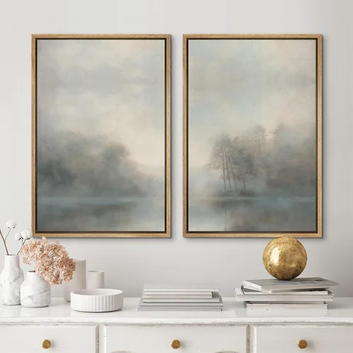 Miniatura 2 de MUDECOR Lienzo enmarcado para pared, bosque brumoso, reflejos, paisaje tranquilo, ilustraciones modernas, arte decorativo, bohemio, tranquilo/zen