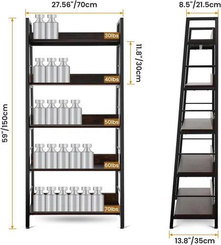 Miniatura 3 de Himimi Estantería de escalera industrial, estantería rústica de 5 niveles, estantería de escalera de metal de madera, soporte de flores para Nogal