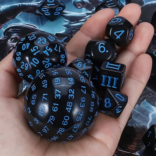 Miniatura 4 de CiaraQ DND - Juego de dados poliédricos (15 piezas) D4-D100 con bolsa de dados para juegos de mesa de rol de Calabozos y Dragones (negro y azul)