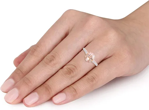 Miniatura 7 de GEMVIO Colección de diseño vintage, 2 quilates CT de 0.276 x 0.354in, piedra preciosa solitaria de morganita y diamante en oro de 14 quilates sobre
