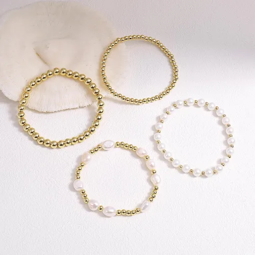 Miniatura 7 de Pulseras de cuentas de oro para mujer, perlas barrocas apilables, chapadas en oro de 14 quilates, pulsera de bolas elásticas para regalo de joyería