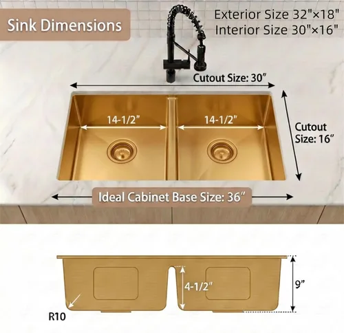 Miniatura 5 de Fregadero de Cocina Dorado Bajo Encimera 32 X 18 Pulgadas, Fregaderos de Cocina de Doble Tazón, Fregadero Bajo Encimera de Acero Inoxidable Calibre