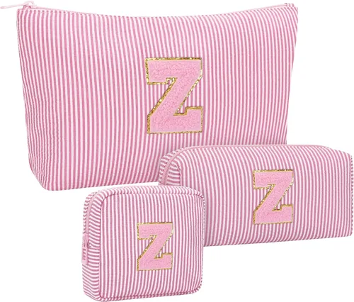 Miniatura 14 de Juego de bolsas de maquillaje con iniciales para niñas y mujeres, bolsa de cosméticos con monograma con soporte para cepillos, estuche de maquillaje