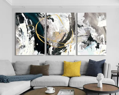 Miniatura 6 de GIFTTWART Arte abstracto de gran tamaño para pared, pintura en lienzo negro, blanco y dorado con aspecto texturizado para decoración de sala