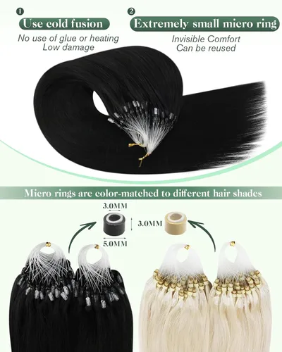 Miniatura 3 de Ugeat - Extensiones de cabello humano con microanillo, 14 pulgadas, extensiones de cabello Remy con microcuentas de 1 gm/hebra, 50 gms, extensiones