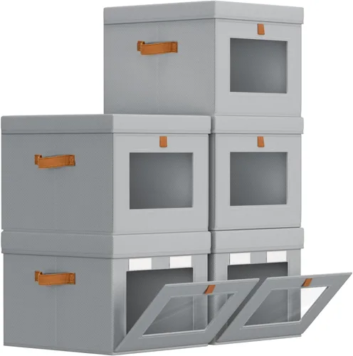 Miniatura 25 de Homsorout Contenedores de almacenamiento con tapa, organizador de armario con apertura lateral y ventana transparente, cesta plegable de tela Beige