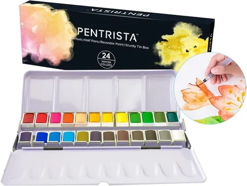 Juego de pintura de acuarela sólida de 24 colores con cepillo de agua recargable, medias sartenes de grado artístico en caja de lata, kit de