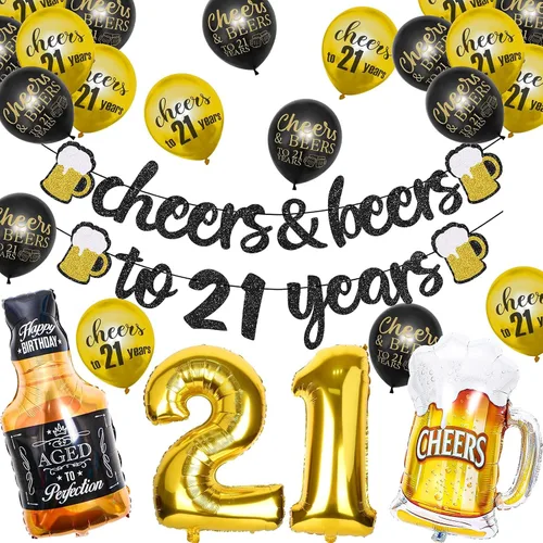 Miniatura 8 de 21st Birthday Anniversary Decorations for Men Women (Black Gold) Gold Foil Balloon, Cheers Cup Foil Balloon for Wedding Anniversary Party Supplies