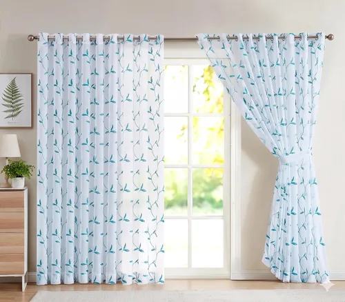 Miniatura 19 de Cortinas LinenZone de piso a techo para ventanas extra anchas. Cortinas transparentes blancas para divisores de habitación con bordado de hojas rosa