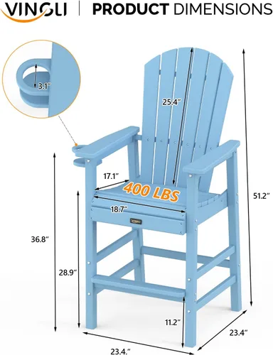 Miniatura 3 de VINGLI Silla Adirondack alta, silla Adirondack de plástico para todo tipo de clima con portavasos, taburetes de bar resistentes para exteriores, Azul