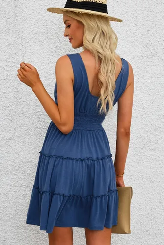 Miniatura 8 de Dokotoo Vestidos de verano para mujer, sin mangas, con botones, cintura elástica, volantes, escalonados, casual, con vuelo, mini vestido