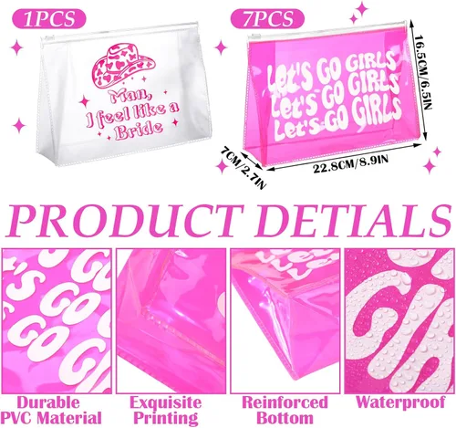 Miniatura 2 de Layhit 8 bolsas de maquillaje de despedida de soltera de color rosa con texto en inglés "Let's Go", suministros de decoración para niñas, retro