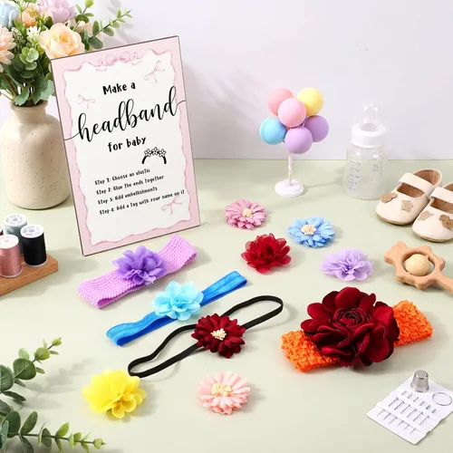Miniatura 7 de Geosar Kit de diadema para baby shower, incluye letrero de madera con 60 cintas elásticas de flores bonitas, 10 telas redondas con cinta