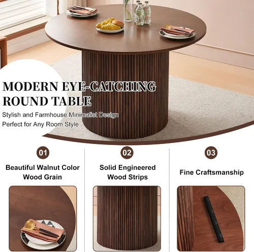 Miniatura 7 de Homedot Juego de mesa de comedor redonda de 5 piezas para 4, mesa de cocina de nogal de 47 pulgadas y sillas tapizadas para comedor, juego de mesa