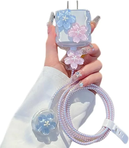 Funda protectora de cable de datos compatible con iPhone Smartwatch Series Ultra2/Ultra/S9/8/7, adaptador de cargador, funda de cargador floral para