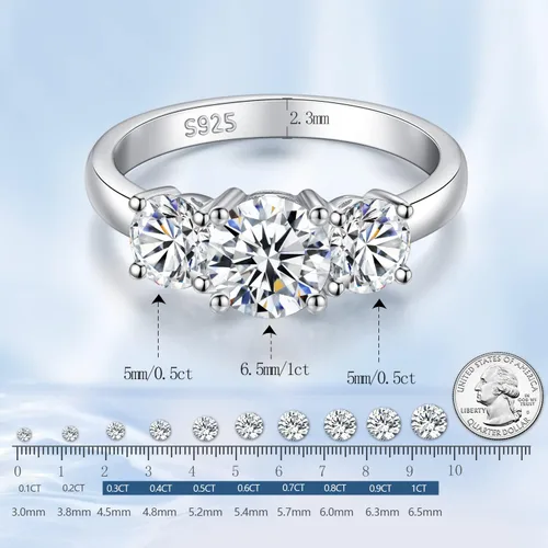 Miniatura 4 de YODEWA - Anillo de compromiso para mujer con 3 brillantes gemas de moissanita de corte redondo montadas en plata de ley