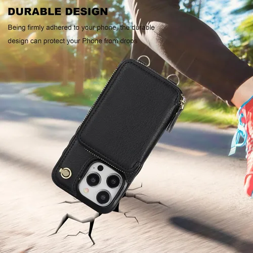 Miniatura 8 de Bocasal Funda tipo cartera cruzada para iPhone 15 Pro, funda de piel con bloqueo RFID y soporte para tarjetas, funda protectora con cremallera