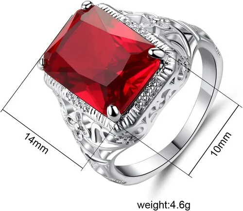 Miniatura 2 de Anillo de compromiso de rubí vintage de simulación rojo de plata tailandesa de gran quilate con patrón de flor simple cuadrado anillo de compromiso