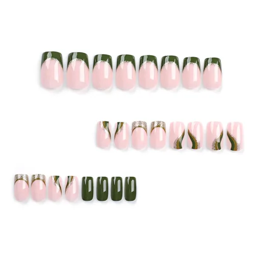Miniatura 5 de Uñas postizas verdes a presión - Uñas falsas cortas cuadradas con purpurina dorada y diseños de remolino, acabado brillante, uñas postizas acrílicas