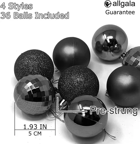 Miniatura 3 de Allgala - Paquete de 36 esferas de adorno de Navidad de 5 cm para árbol de Navidad, 4 estilos, color negro, pre-ensartadas, a prueba de roturas