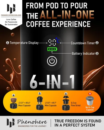 Miniatura 2 de Máquina de café espresso eléctrica portátil 6 en 1, cafetera de camping autocalentable de 20 bar con batería de 7500 mA, pantalla, compatible