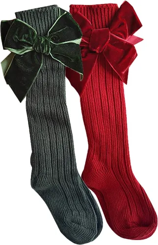 Kayotuas Calcetines altos hasta la rodilla con lazos, calcetines de uniforme con volantes de tubo largo, calcetines de punto acanalado para bebés y