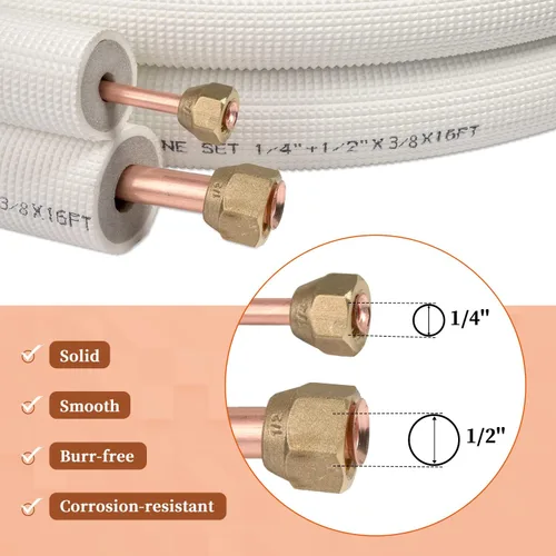 Miniatura 3 de Wostore Juego de línea de 25 pies 1/4 y 1/2 pulgada 3/8 "PE para mini aire acondicionado dividido bobina aislada tubos de cobre HVAC con accesorios