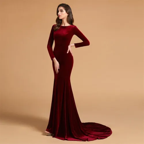 Miniatura 4 de Joya Cuello Terciopelo Manga Larga Vestidos de baile de Noche Vestidos de Fiesta de Tren Corte de Sirena Vestidos de Fiesta Formal Cremallera Atrás