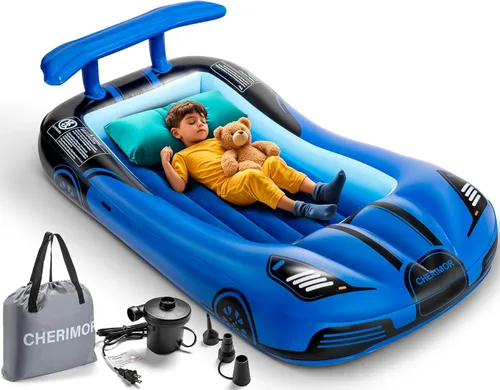 CHERIMOR Cama inflable de viaje para niños pequeños con parachoques de seguridad y bomba de inflado automático de 2 minutos, colchón de aire