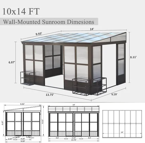 Miniatura 2 de Domi - Solárium de pared montado de 10 x 14 pies, solárium de pared con techo inclinado de policarbonato de aluminio, casa de pantalla de PC