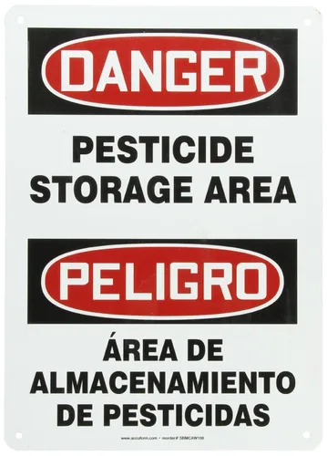 Accuform SBMCAW109VA Letrero bilingüe español de aluminio, leyenda "Área de almacenamiento de pesticidas peligroso/PELIGRO Área DE ALMACENAMIENTO DE